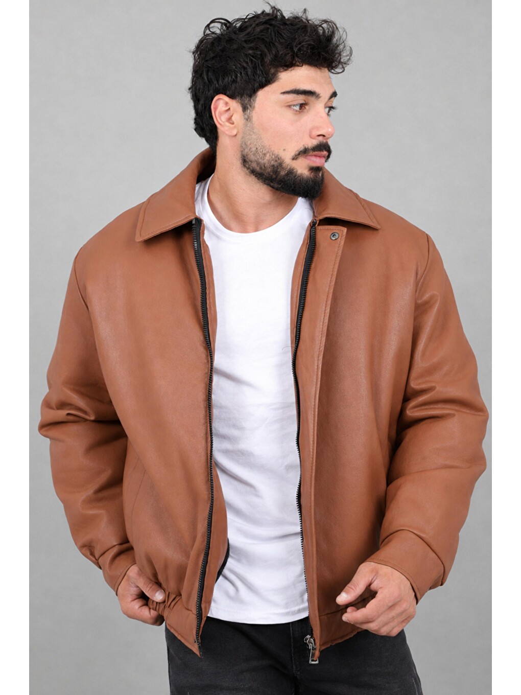 Kahverengi Kışlık Dolumlu İçi Kürklü Oversize Suni Deri Mont Kmd_50502-2