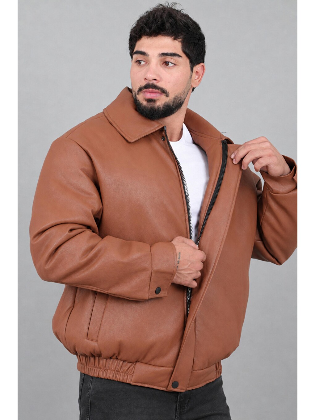 Kahverengi Kışlık Dolumlu İçi Kürklü Oversize Suni Deri Mont Kmd_50502-3