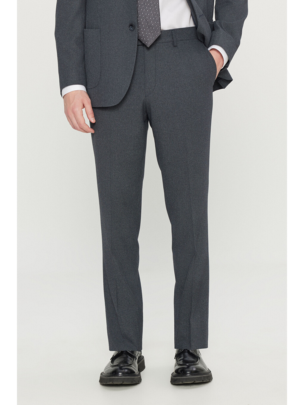 Erkek Lacivert Slim Fit Dar Kesim Mono Yaka Torba Cepli Desenli Esnek Takım Elbise-4
