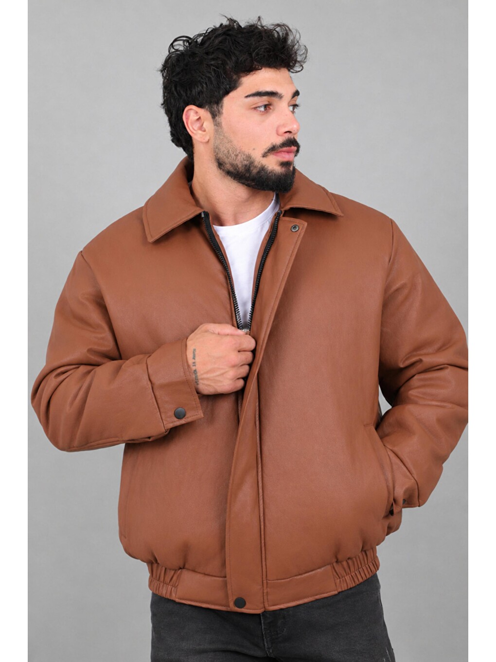 Kahverengi Kışlık Dolumlu İçi Kürklü Oversize Suni Deri Mont Kmd_50502-4