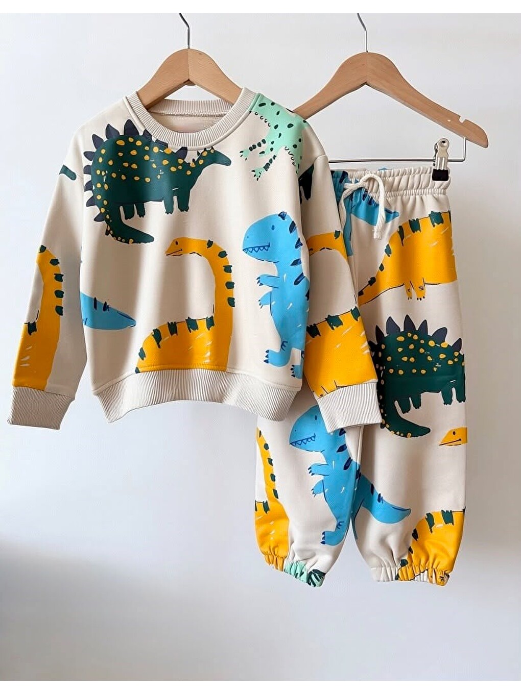 Çocuk Dinozor Desenli Bej Sweatshirt Ve Eşofman Altı Takımı-5