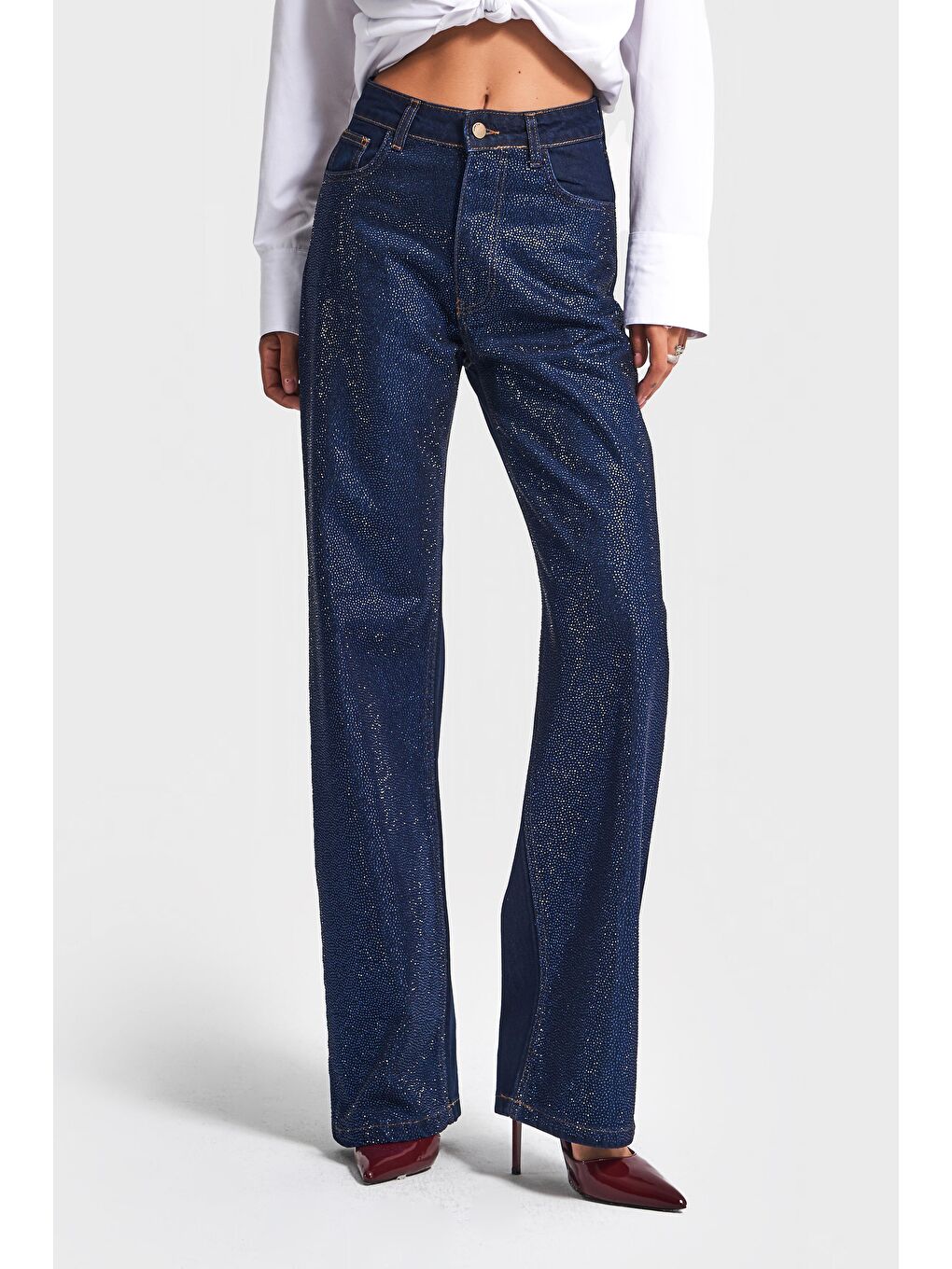 Kadın Koyu Mavi Renk T-7w5-50 Straight Fit Yüksek Bel Viskon Pamuk Kumaş Parlak Taşlı Tasarım Denim