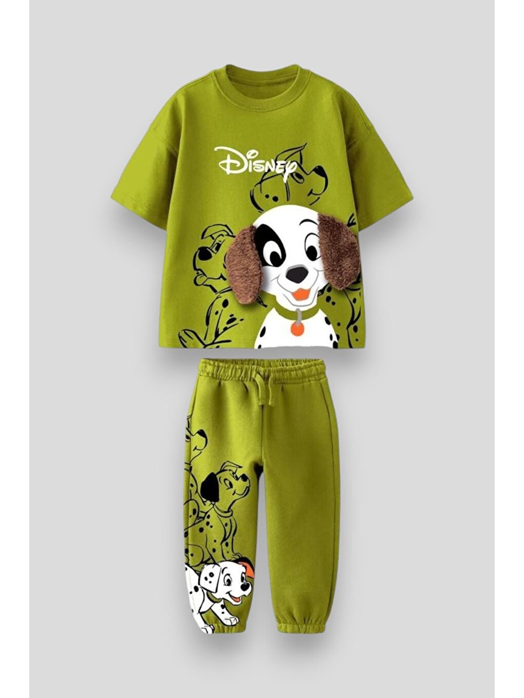 Erkek Çocuk Pamuklu Yeşil Köpek T-Shirt Ve Eşofman Takım - Pelüş Kulak Detaylı