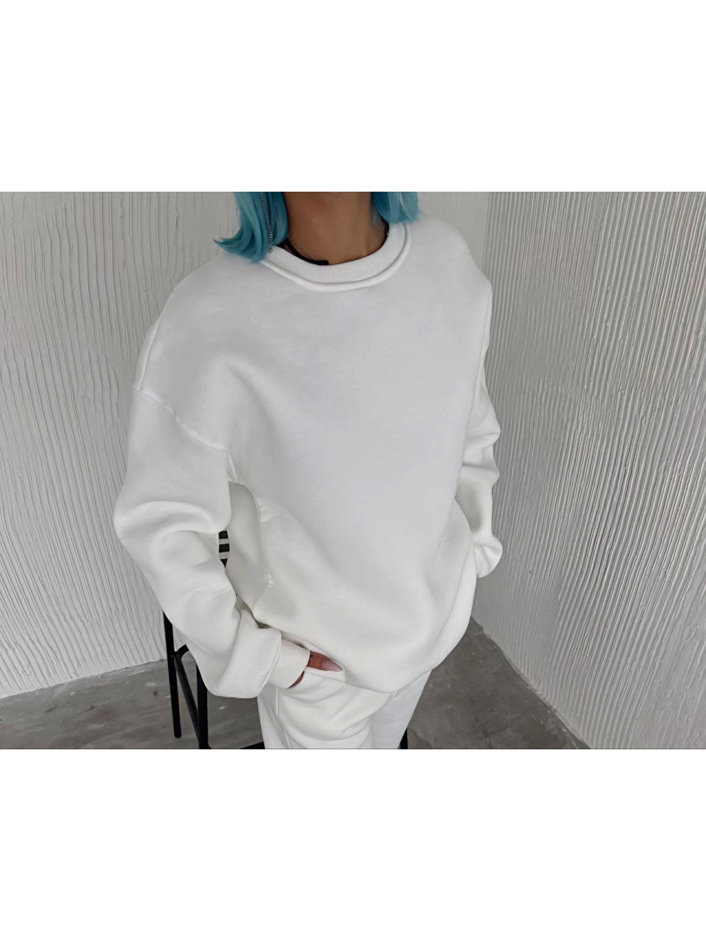 Kışlık Bisiklet Yaka Üç İplik Basic Sweatshirt - Beyaz