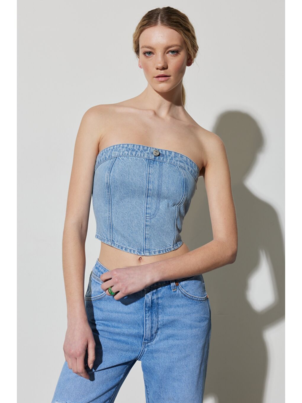 Mavi Slim Fit Dar Kesim %100 Pamuk Kolsuz Crop Jean Jean Bluz