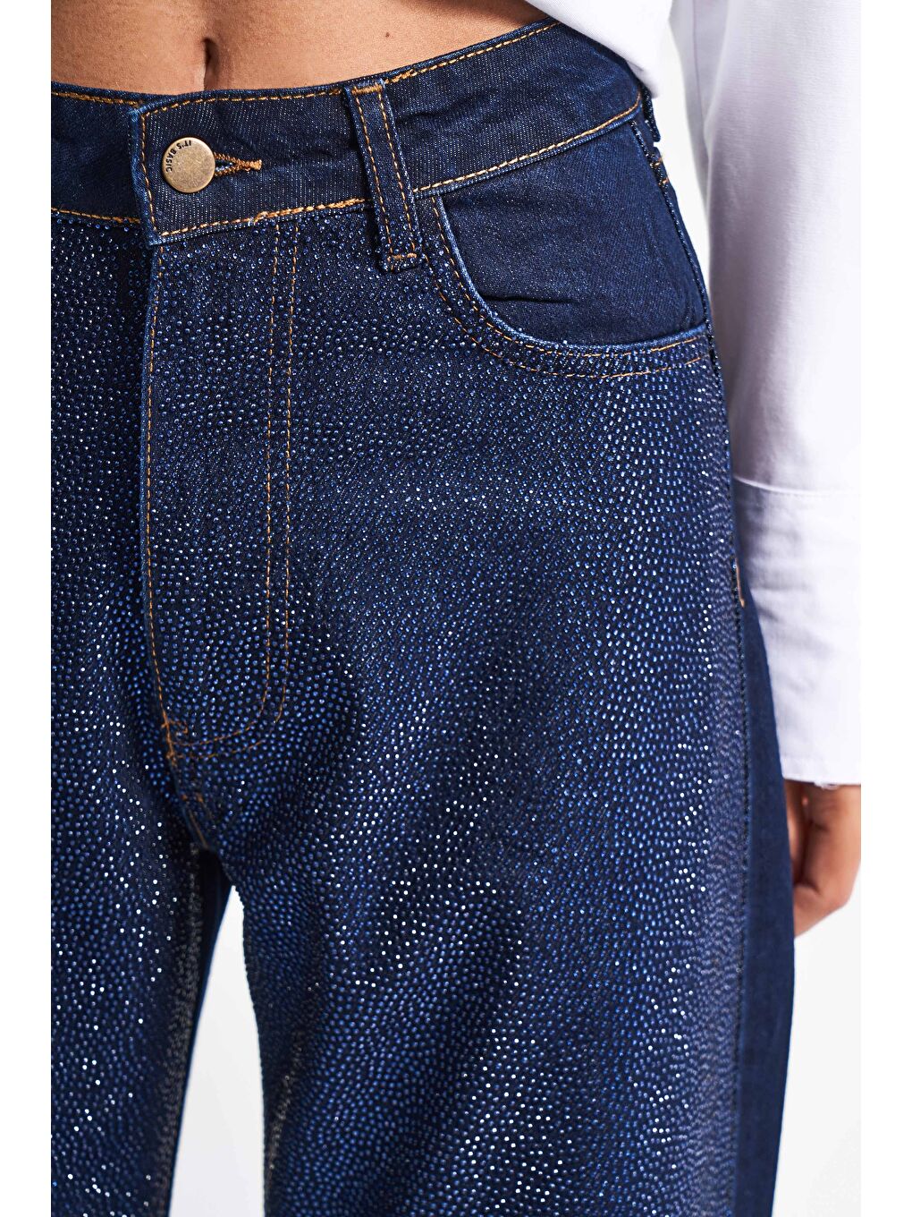 Kadın Koyu Mavi Renk T-7w5-50 Straight Fit Yüksek Bel Viskon Pamuk Kumaş Parlak Taşlı Tasarım Denim-1