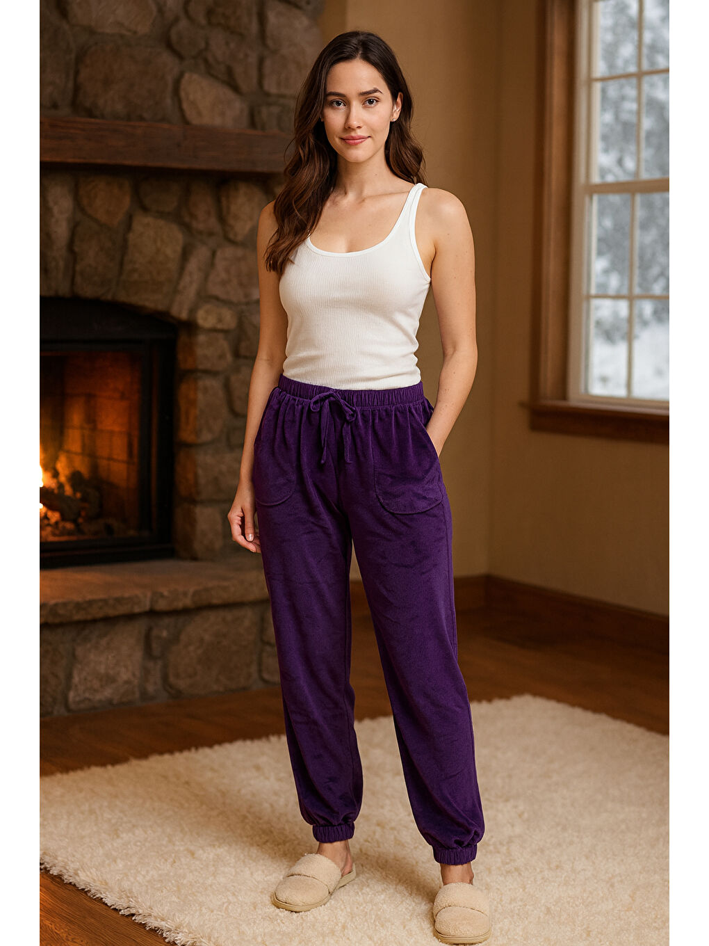 Kadın Kadife Paçası Lastikli Cep Detaylı Tek Alt 503 Mor-1