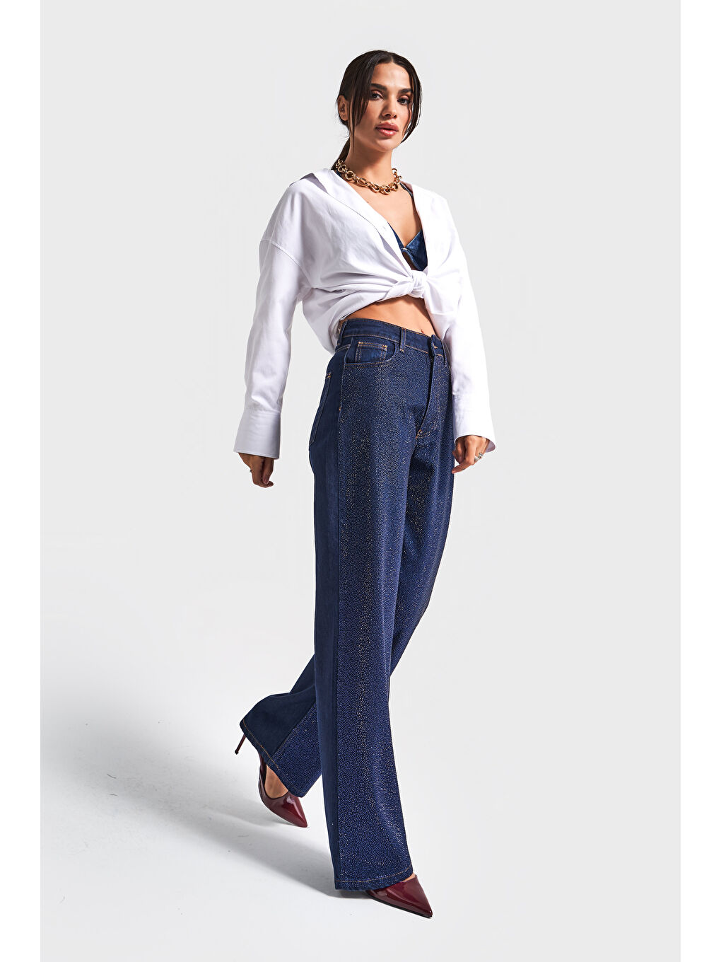 Kadın Koyu Mavi Renk T-7w5-50 Straight Fit Yüksek Bel Viskon Pamuk Kumaş Parlak Taşlı Tasarım Denim-2