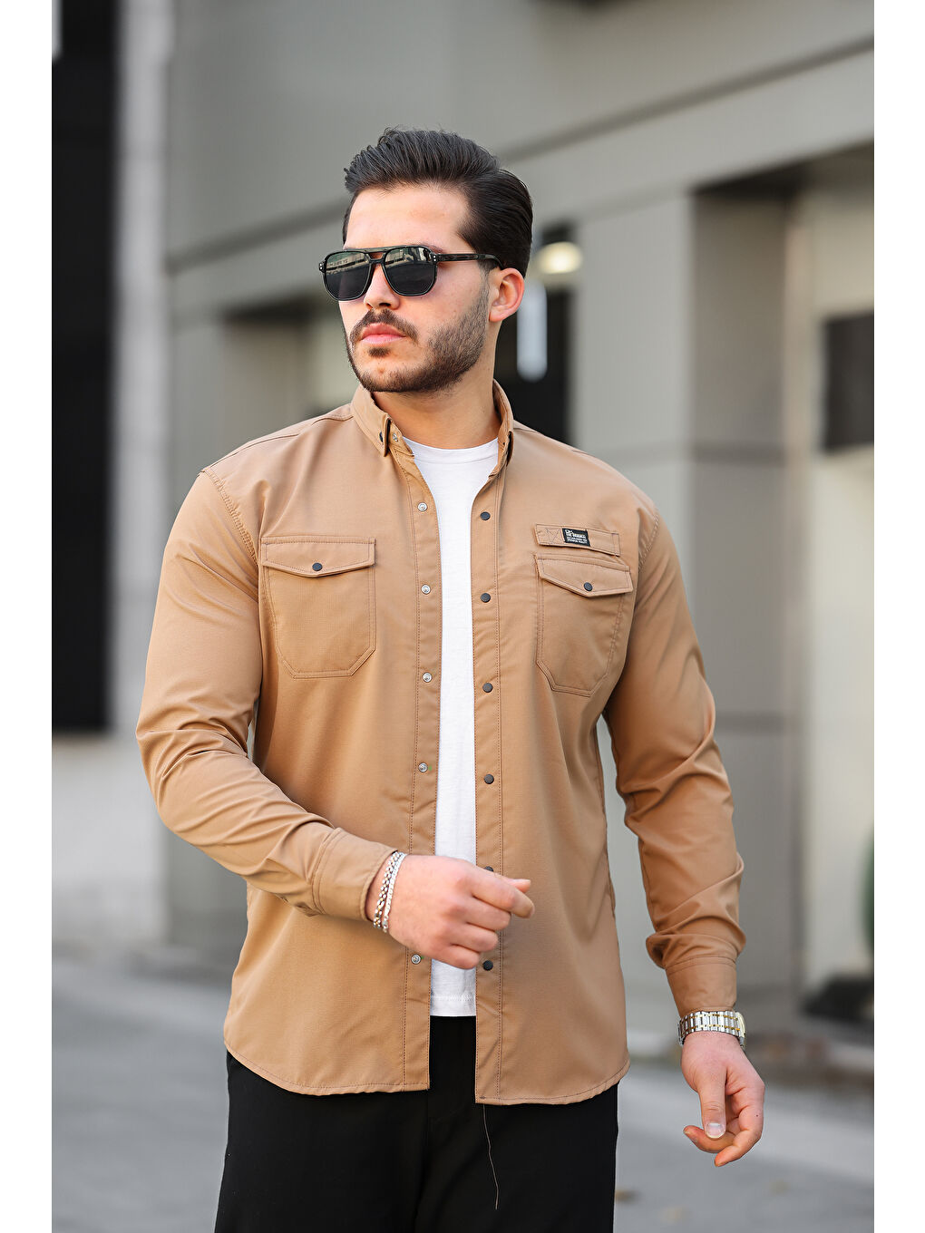 Kahverengi Erkek Çift Cep Paraşüt Kumaş Gömlek