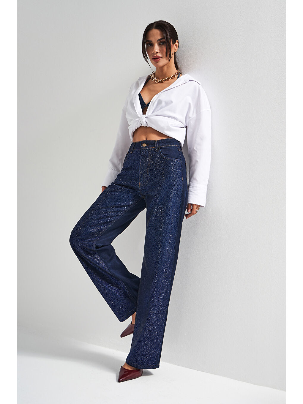 Kadın Koyu Mavi Renk T-7w5-50 Straight Fit Yüksek Bel Viskon Pamuk Kumaş Parlak Taşlı Tasarım Denim-3