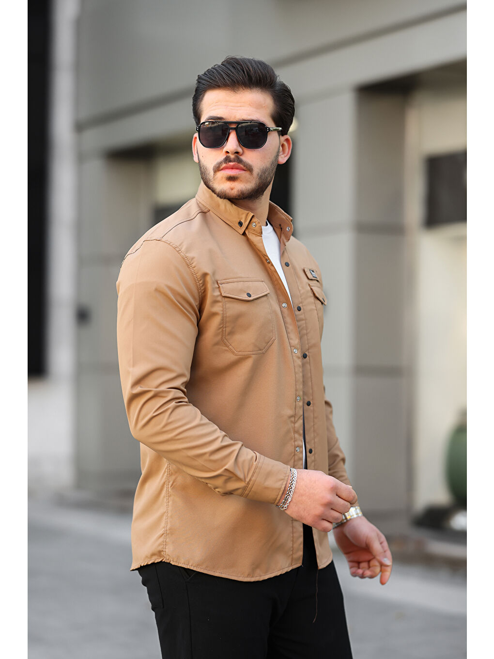 Kahverengi Erkek Çift Cep Paraşüt Kumaş Gömlek-1