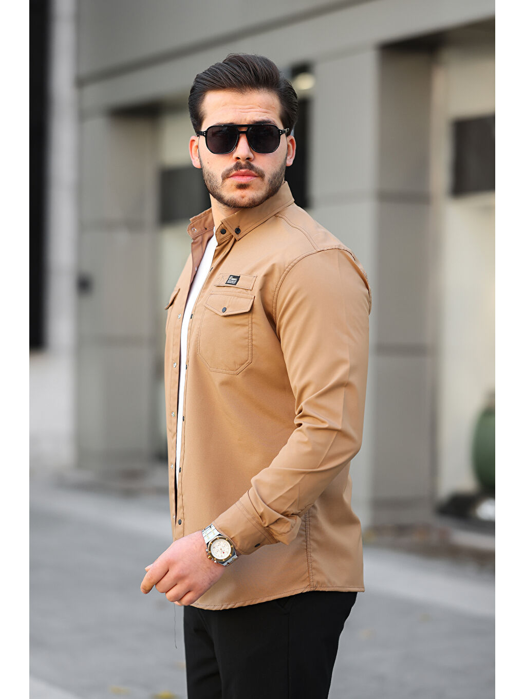 Kahverengi Erkek Çift Cep Paraşüt Kumaş Gömlek-2