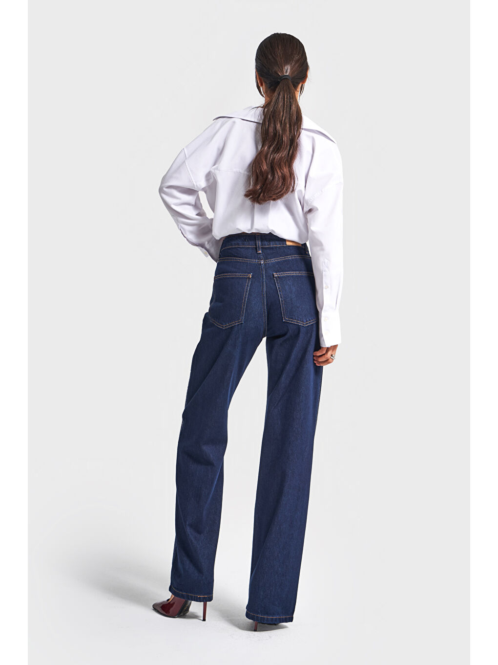 Kadın Koyu Mavi Renk T-7w5-50 Straight Fit Yüksek Bel Viskon Pamuk Kumaş Parlak Taşlı Tasarım Denim-4