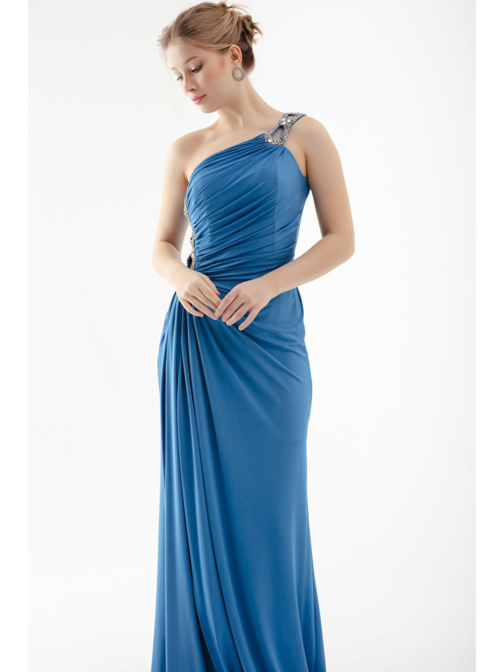 Kadın İndigo Tek Omuzlu Taşlı Uzun Abiye Elbise-2