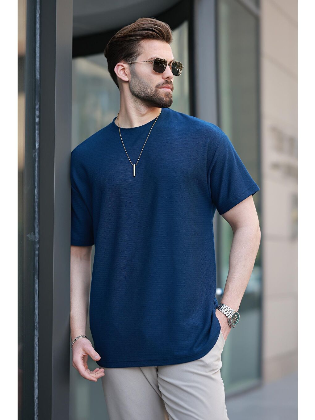 Lacivert Basic Bisiklet Yaka Erkek Tişört E7133