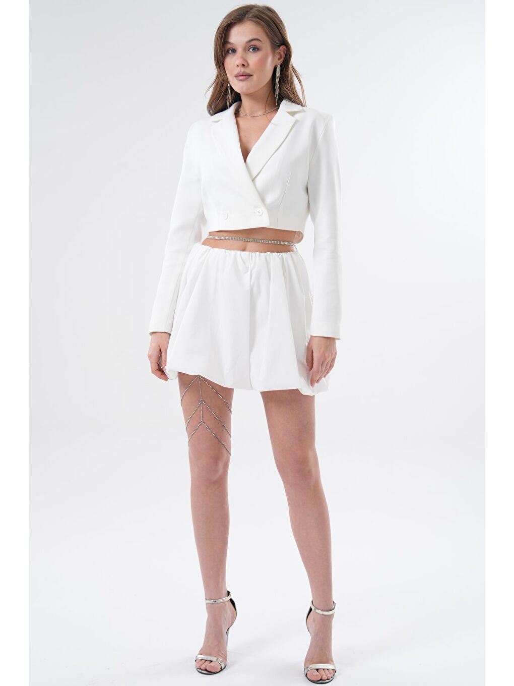 Beyaz Kadın Regular Fit Kruvaze Kapama Dokuma Crop Blazer Ceket -Şık & Spor-1