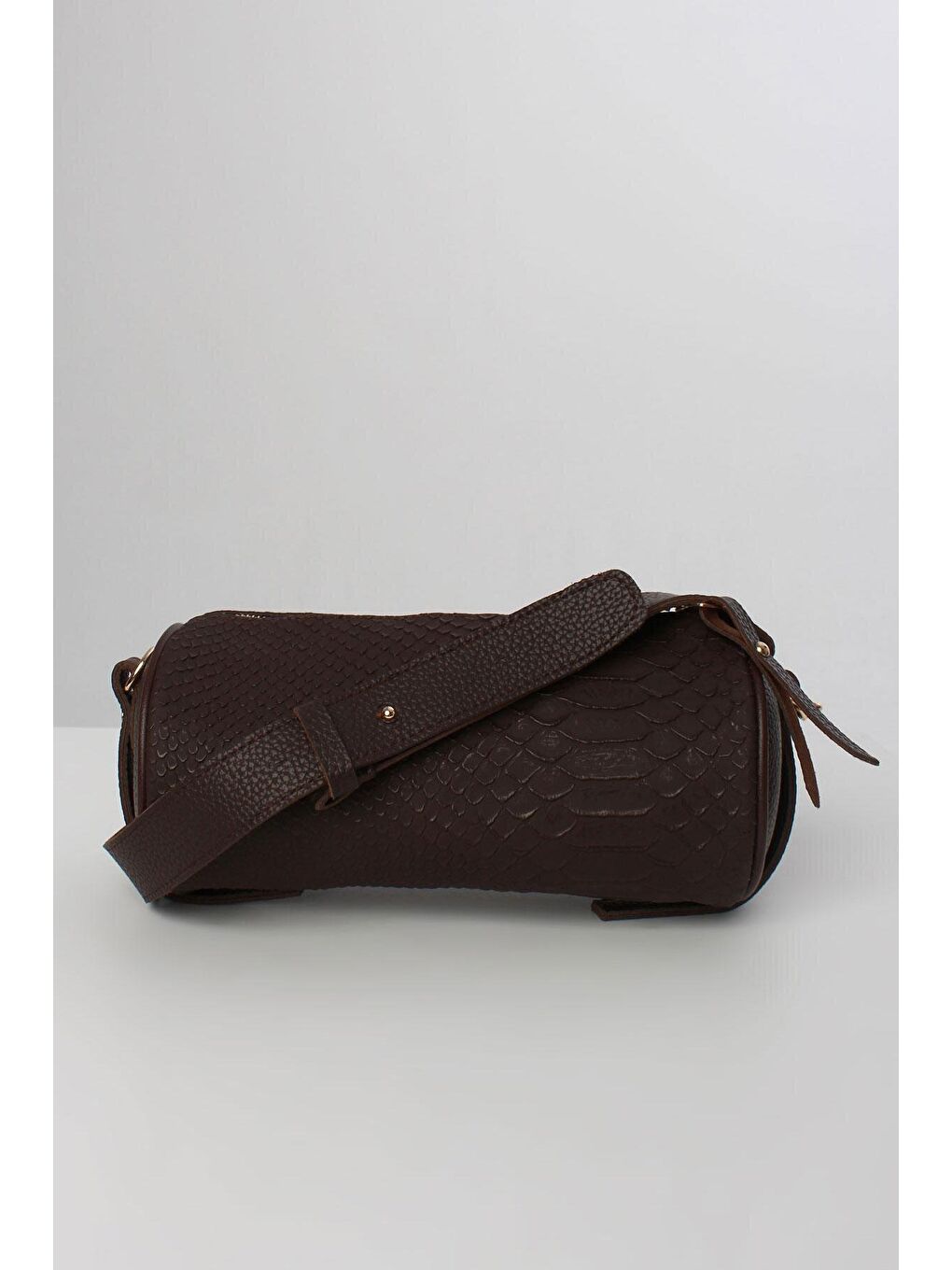 Kahverengi Kahve Çapraz Askılı Desenli Silindir Omuz Çantası-4