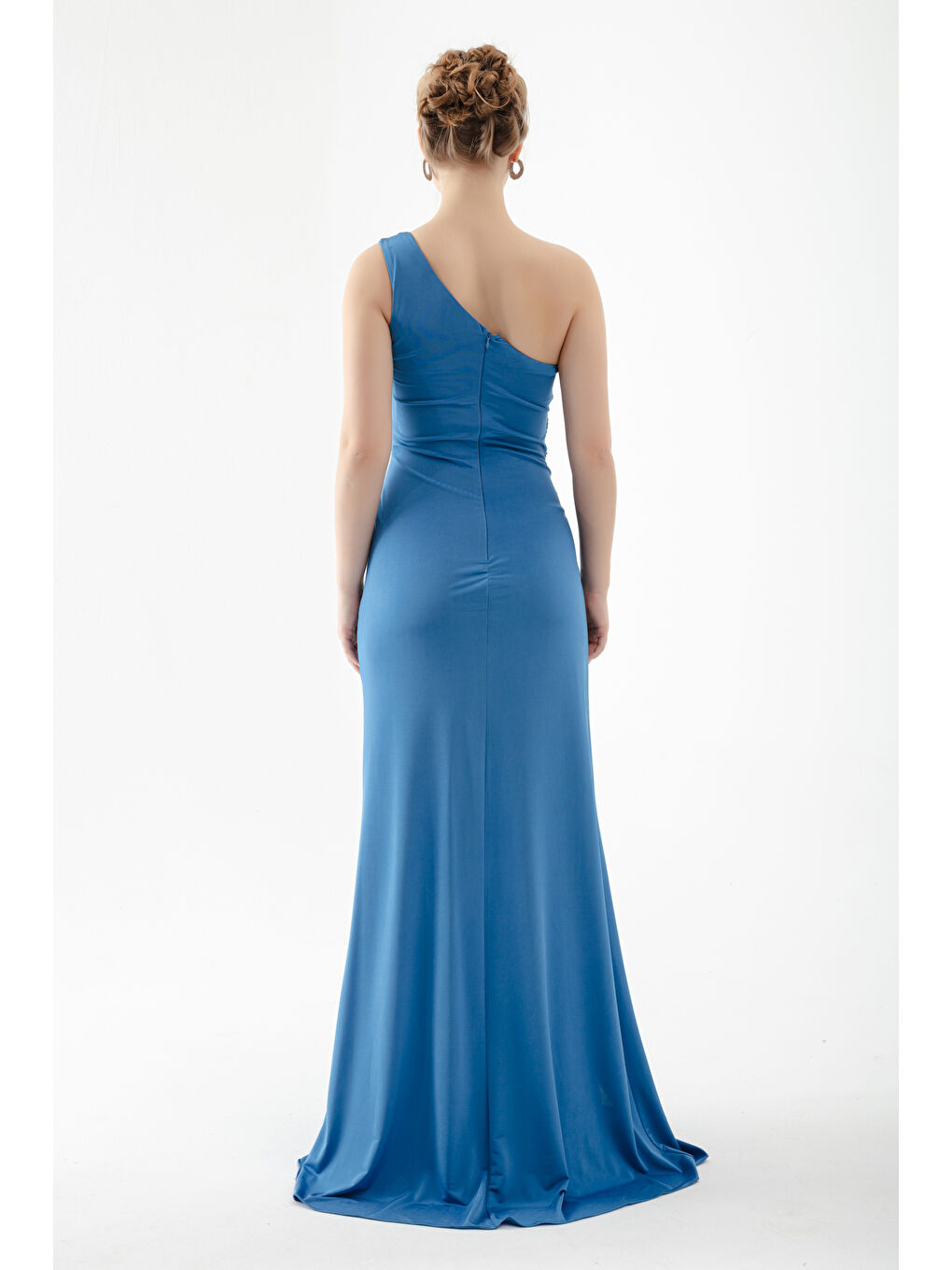 Kadın İndigo Tek Omuzlu Taşlı Uzun Abiye Elbise-4