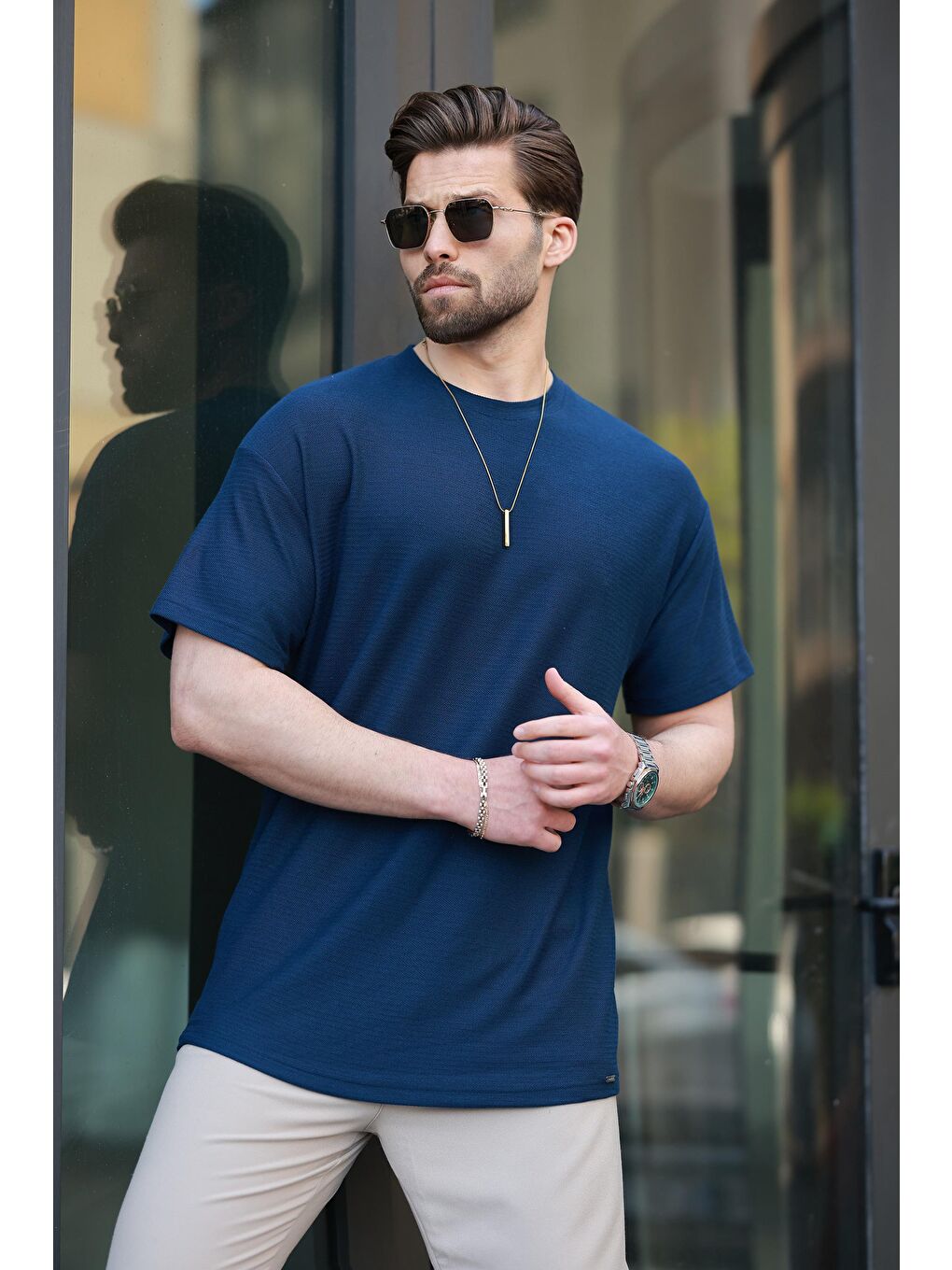 Lacivert Basic Bisiklet Yaka Erkek Tişört E7133-1