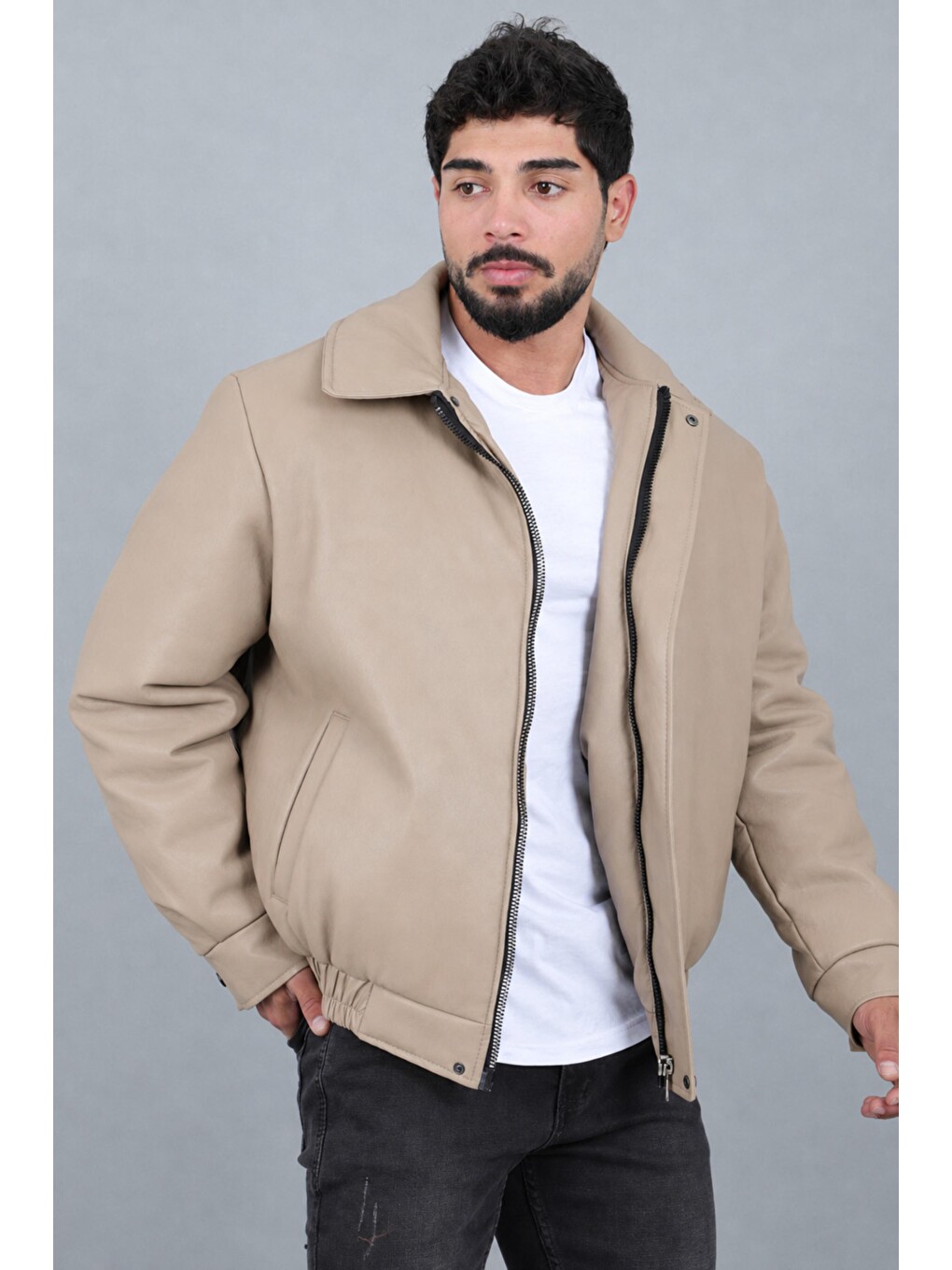 Bej Kışlık Dolumlu İçi Kürklü Oversize Suni Deri Mont Kmd_50502-1