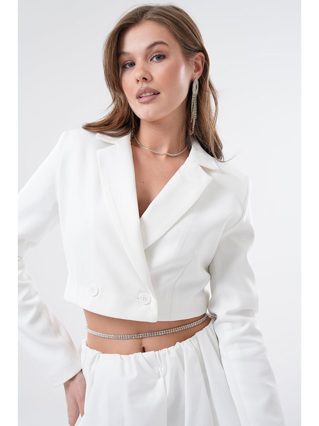 Beyaz Kadın Regular Fit Kruvaze Kapama Dokuma Crop Blazer Ceket -Şık & Spor-2