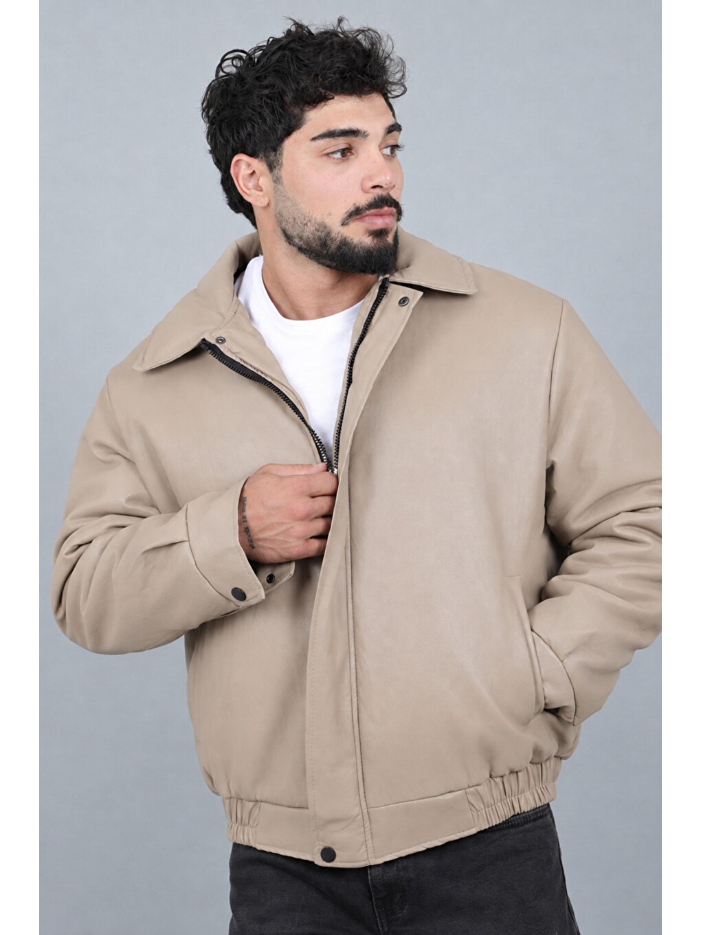 Bej Kışlık Dolumlu İçi Kürklü Oversize Suni Deri Mont Kmd_50502-2