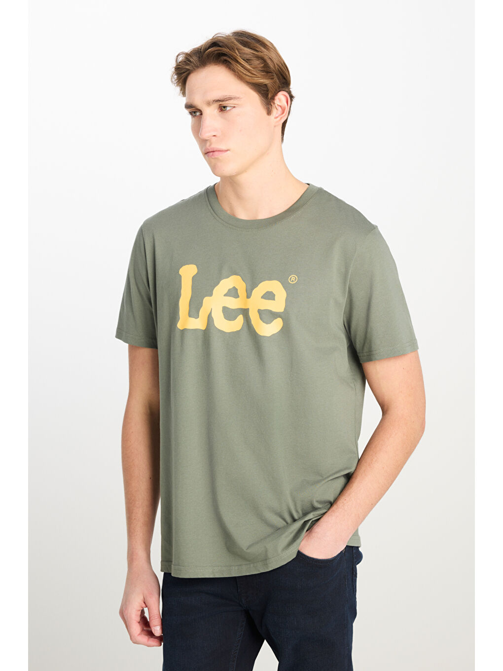 %100 Pamuk Regular Fit Normal Kesim Bisiklet Yaka Haki Tişört-1