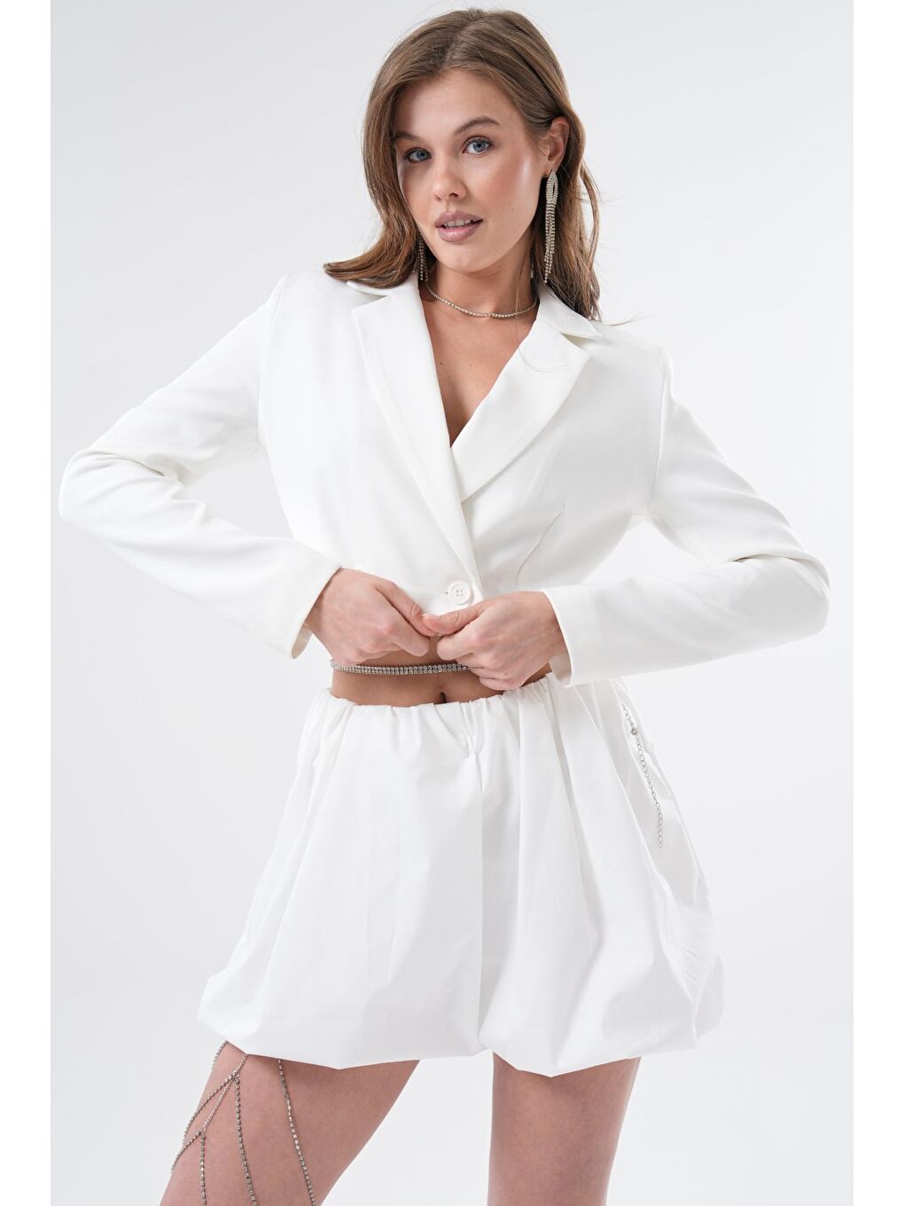 Beyaz Kadın Regular Fit Kruvaze Kapama Dokuma Crop Blazer Ceket -Şık & Spor-3