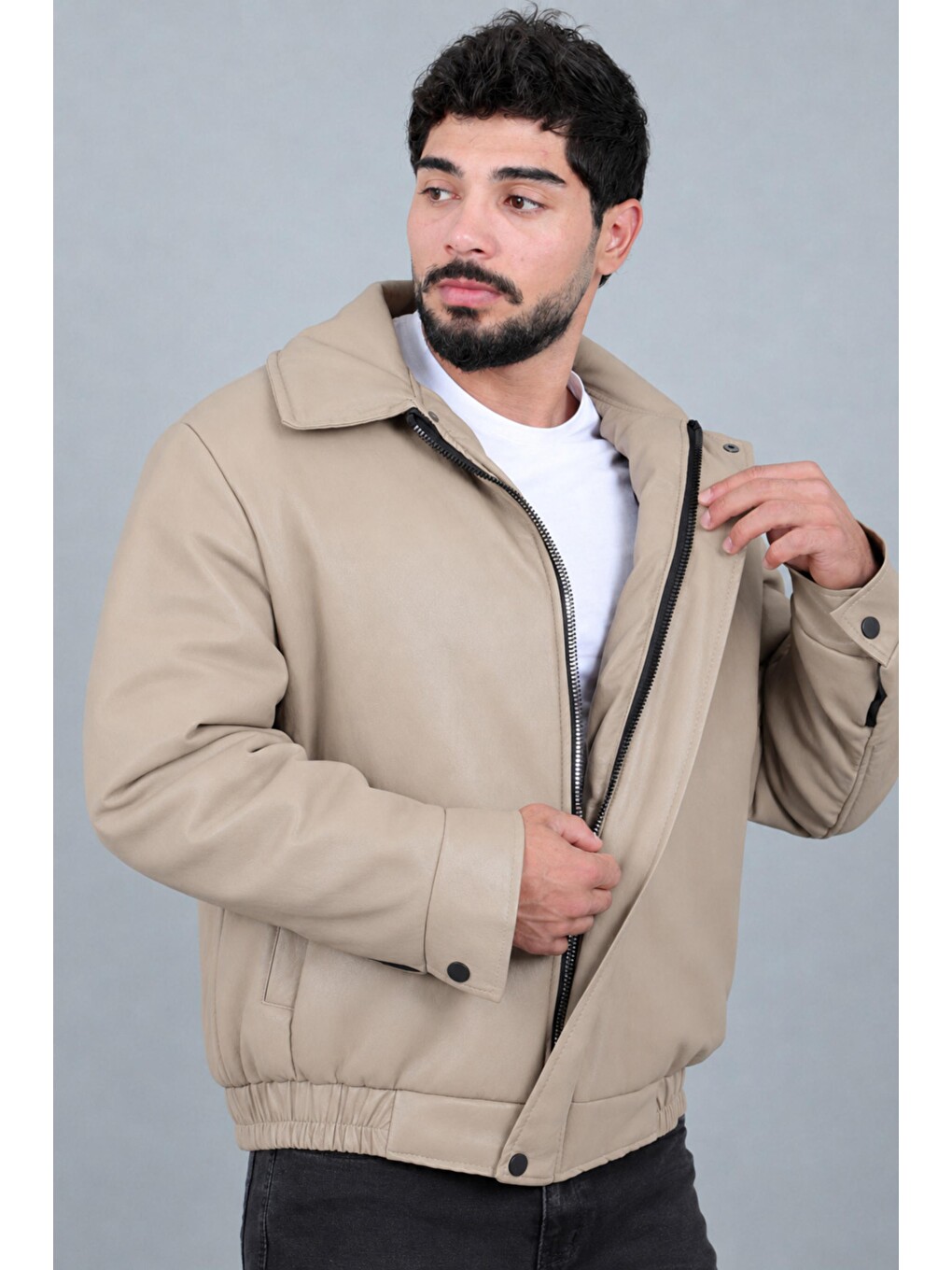 Bej Kışlık Dolumlu İçi Kürklü Oversize Suni Deri Mont Kmd_50502-3