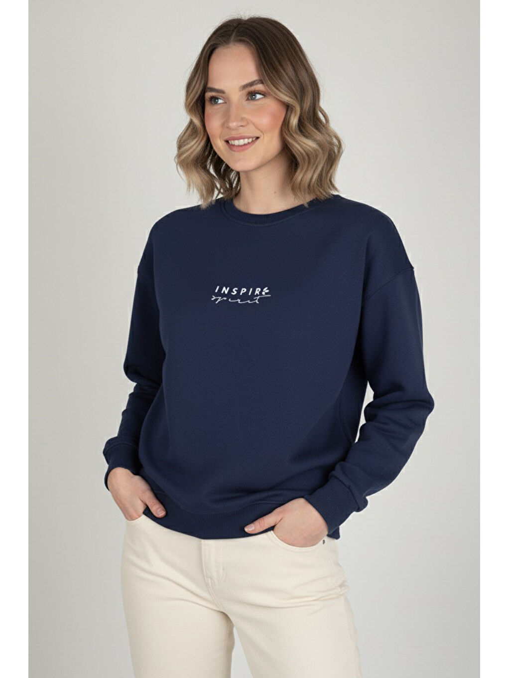 Baskılı İki İplik Sweatshirt Lacivert - 27990-LACIVERT-1