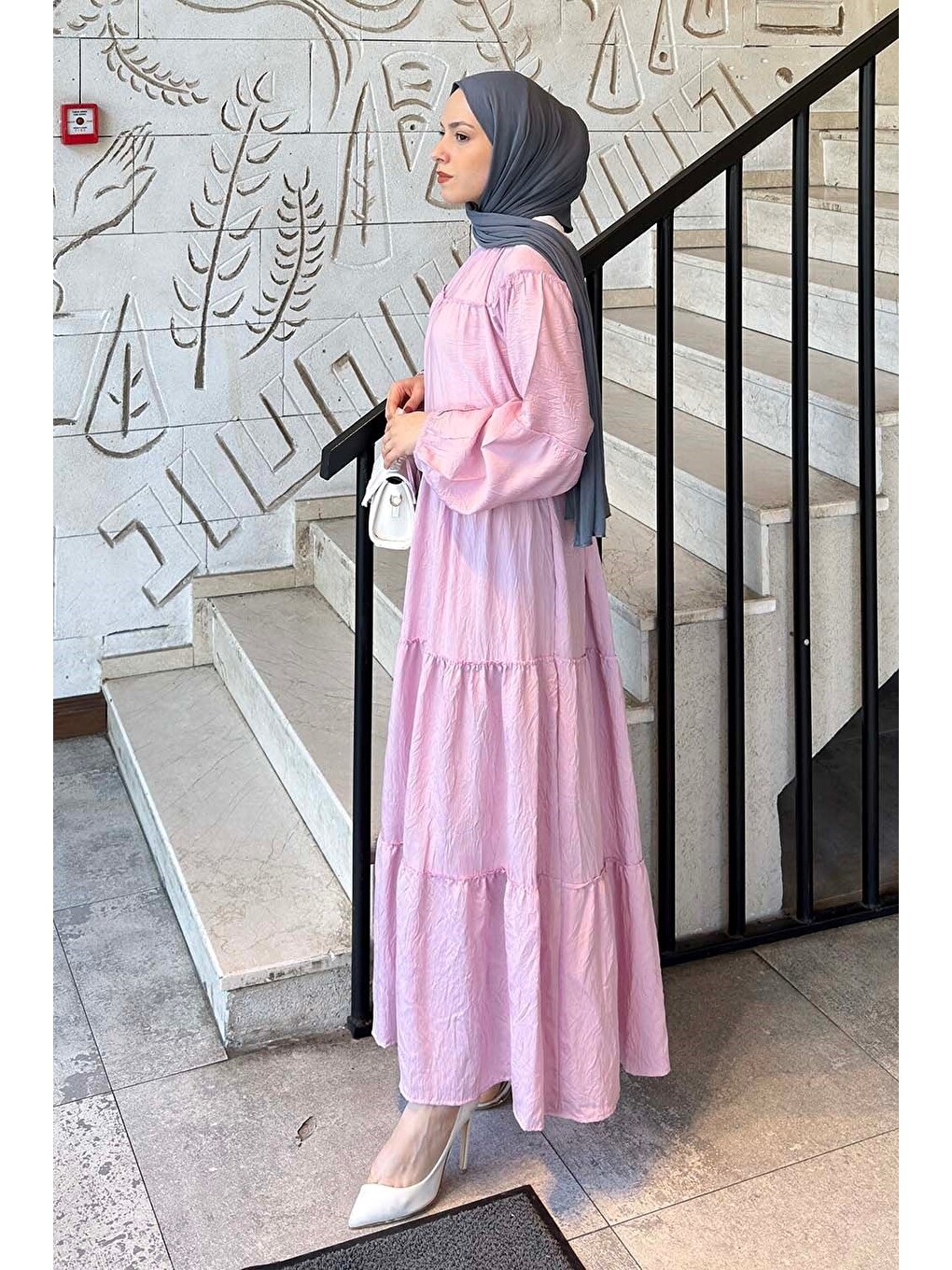Kat Detaylı Bağlamalı Elbise Pembe-1