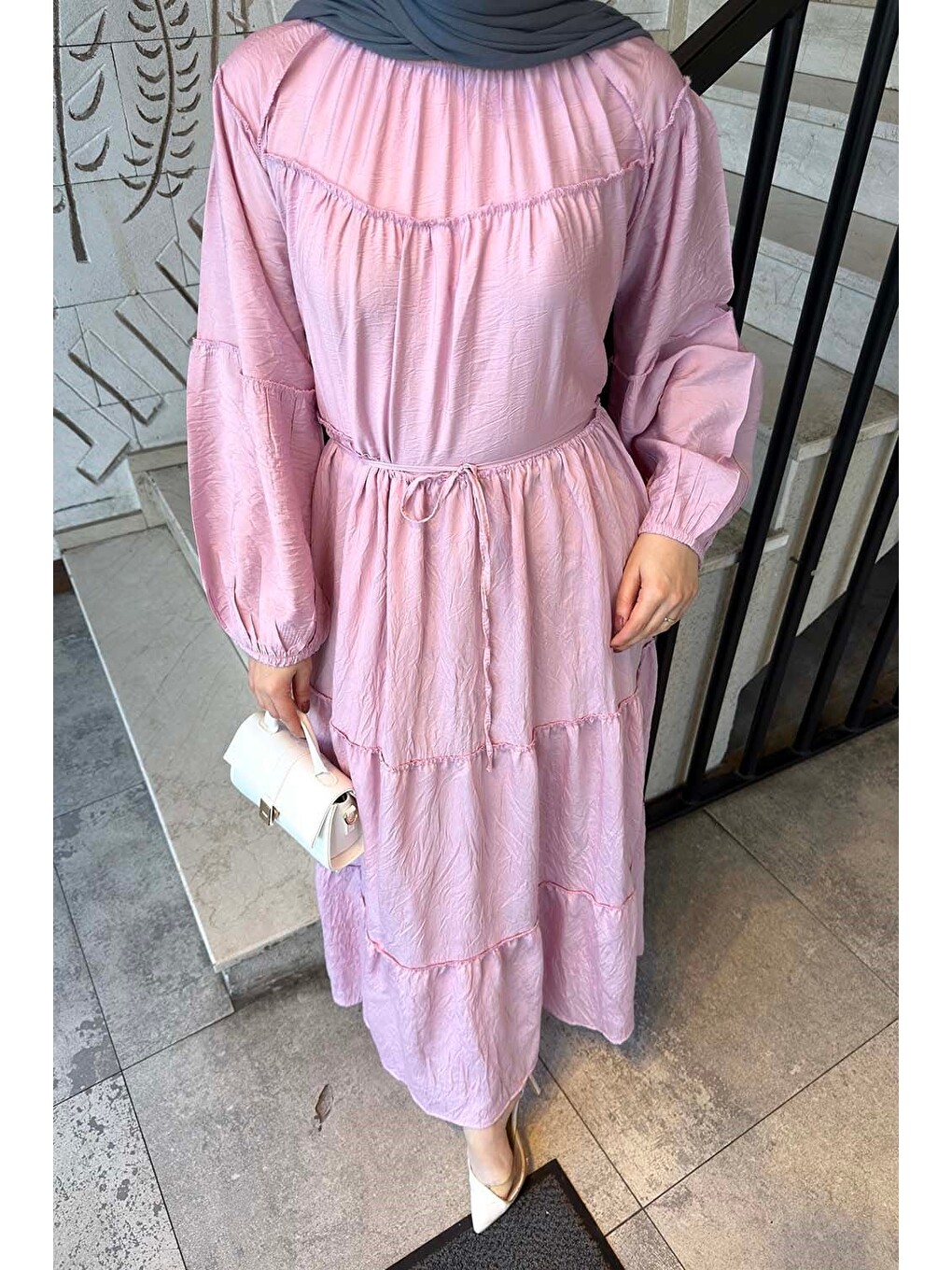 Kat Detaylı Bağlamalı Elbise Pembe-2
