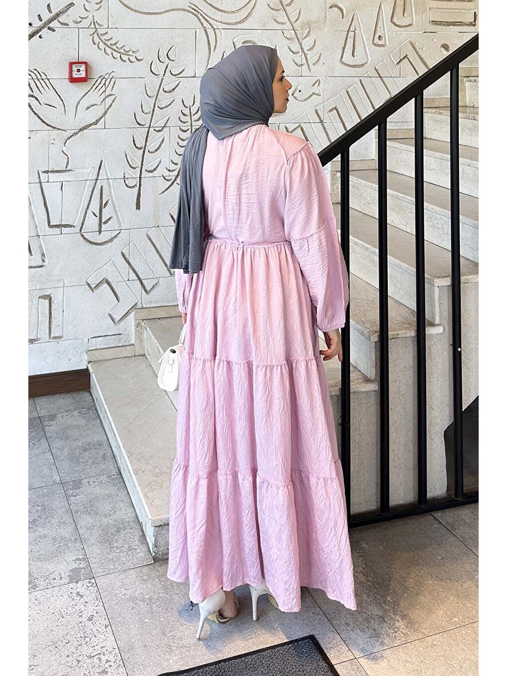Kat Detaylı Bağlamalı Elbise Pembe-3