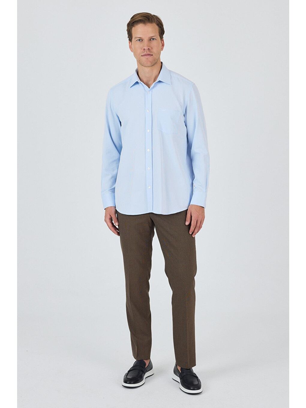 Mavi Uzun Kol Desenli Armürlü Sert Yaka Cepli Pamuklu Classic Comfort Fit Büyük Beden Gömlek 1004250178