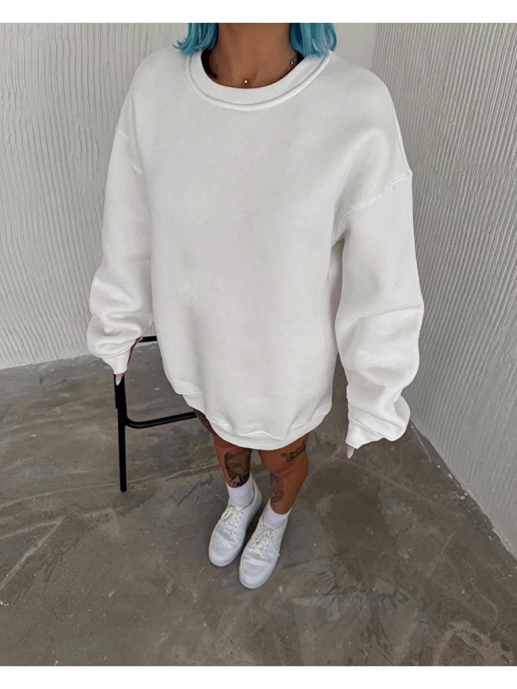 Kışlık Bisiklet Yaka Üç İplik Basic Sweatshirt - Beyaz-1