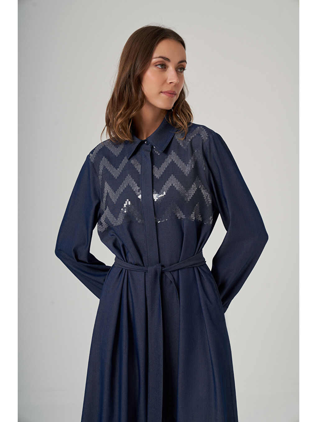 Mavi Önü Düğmeli Pul İşleme Detay Kuşaklı Uzun Elbise 2034 Denim-1