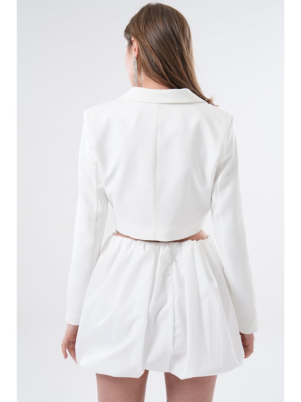 Beyaz Kadın Regular Fit Kruvaze Kapama Dokuma Crop Blazer Ceket -Şık & Spor-6