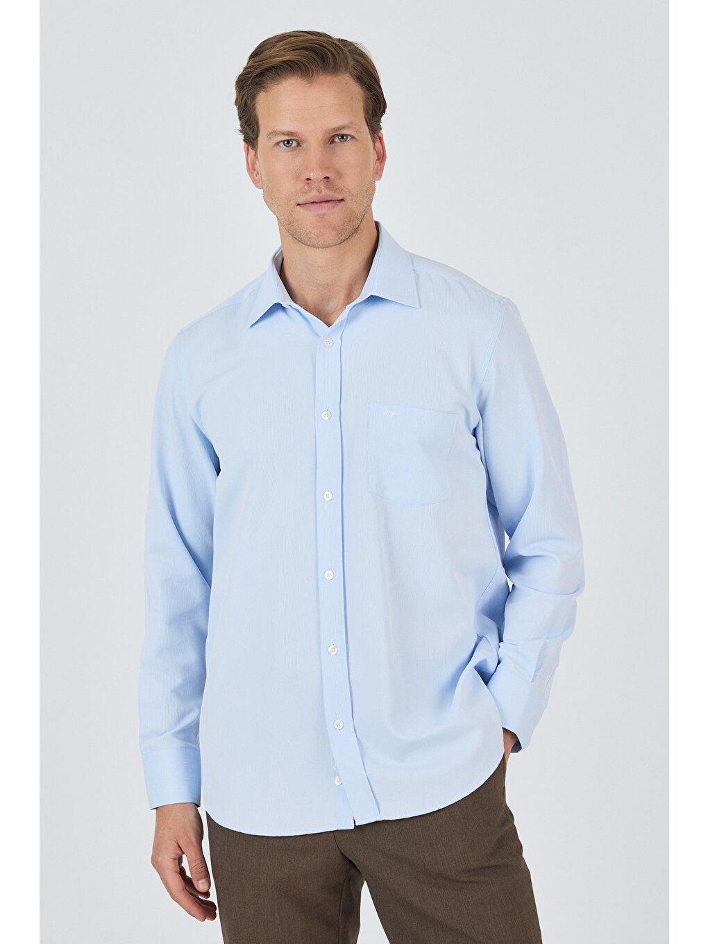 Mavi Uzun Kol Desenli Armürlü Sert Yaka Cepli Pamuklu Classic Comfort Fit Büyük Beden Gömlek 1004250178-3