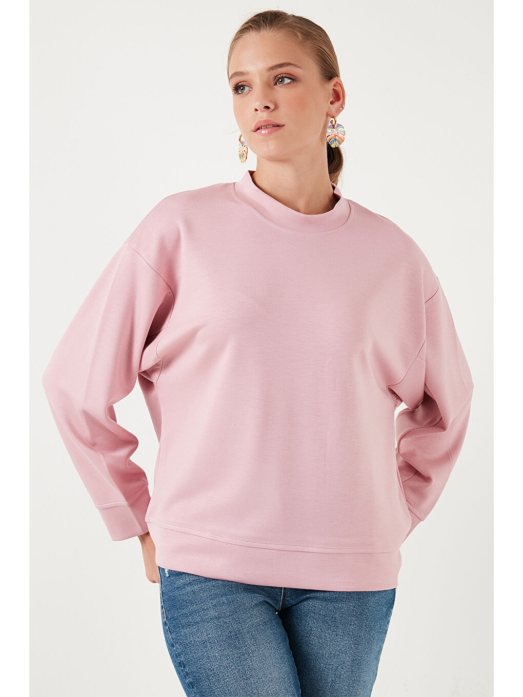 Lela Açık Gülkurusu Streş Bisiklet Yaka Oversize Fit OYSHO Kumaş Kadın Sweat 5865879 - 1