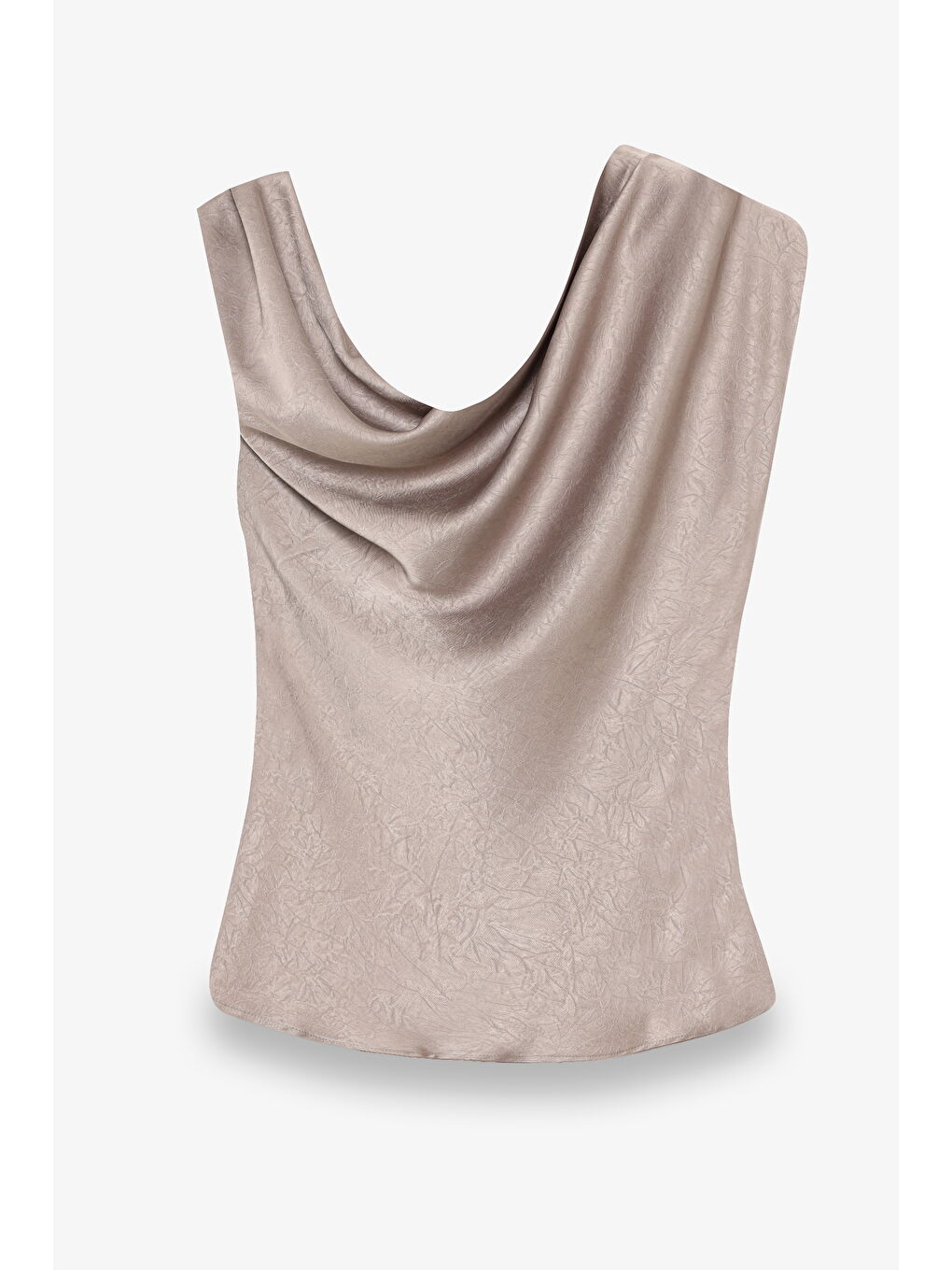 Bej Asimetrik Drapeli Aksesuarlı Saten Bluz Vizon-2