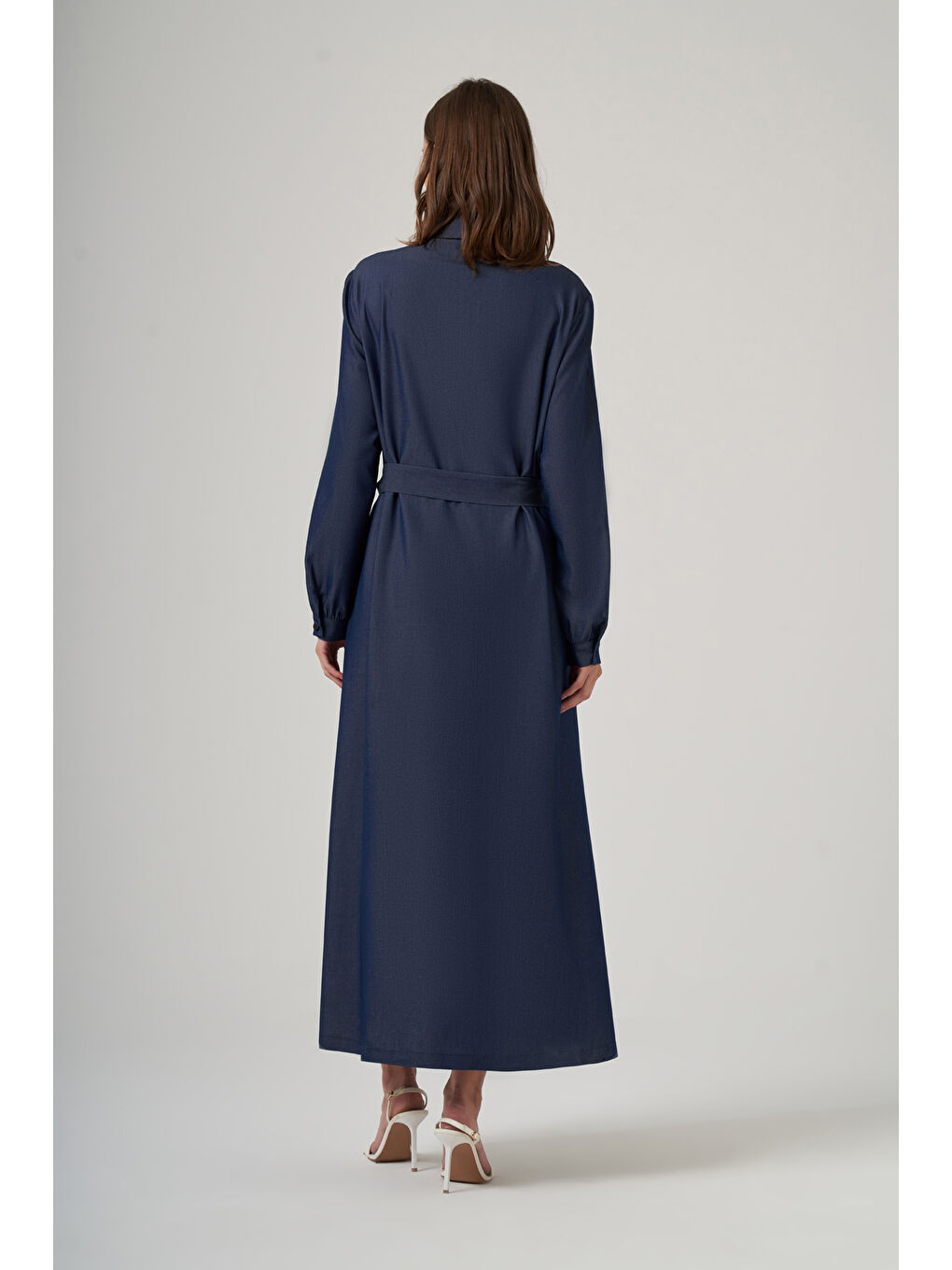 Mavi Önü Düğmeli Pul İşleme Detay Kuşaklı Uzun Elbise 2034 Denim-2