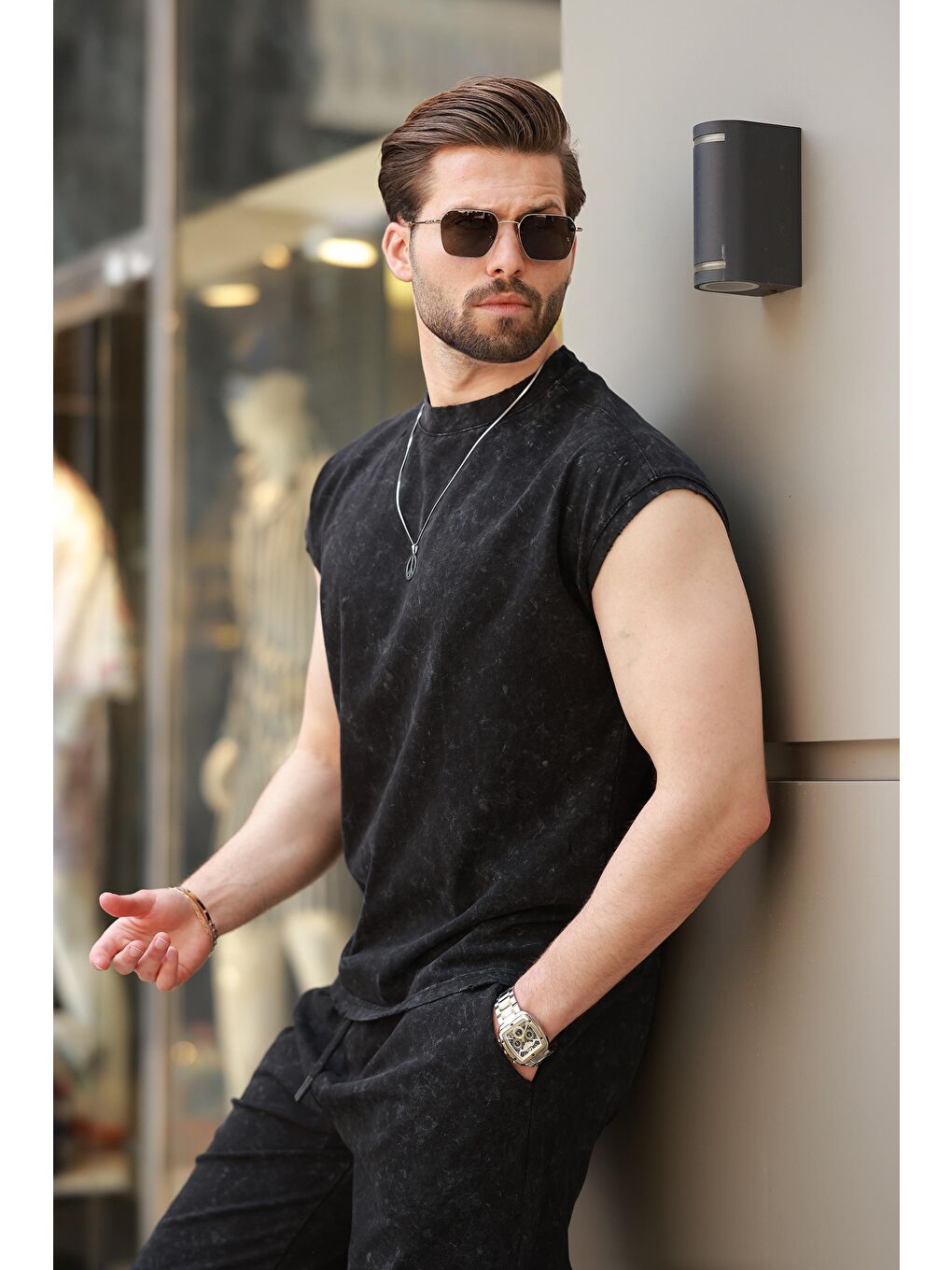 Siyah Basic Erkek Yırtık Detaylı Şort T-Shirt Takım E7319-1