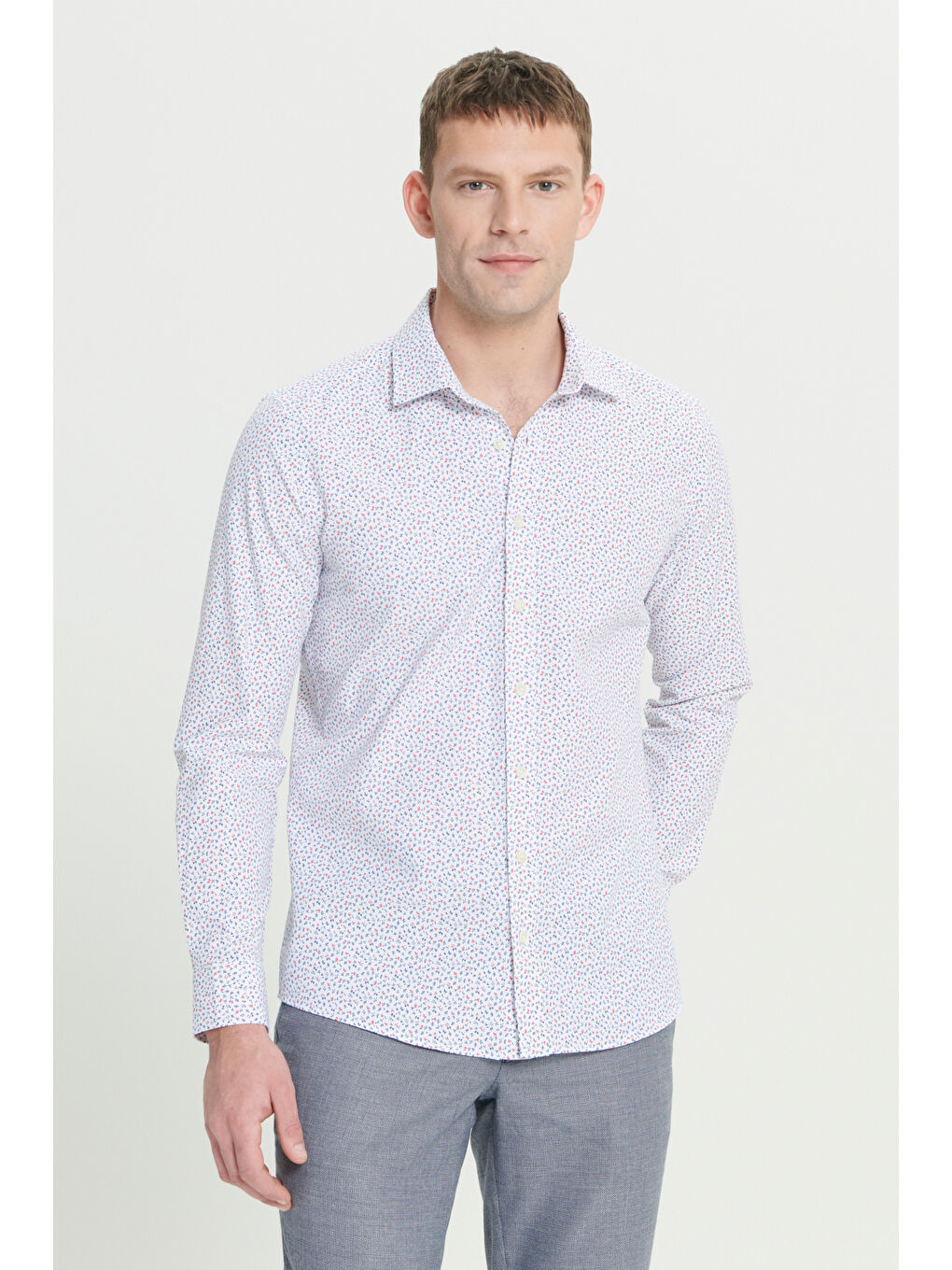 Erkek Beyaz Kırmızı Pamuklu Slim Fit Dar Kesim Klasik Yaka Baskılı Gömlek-7