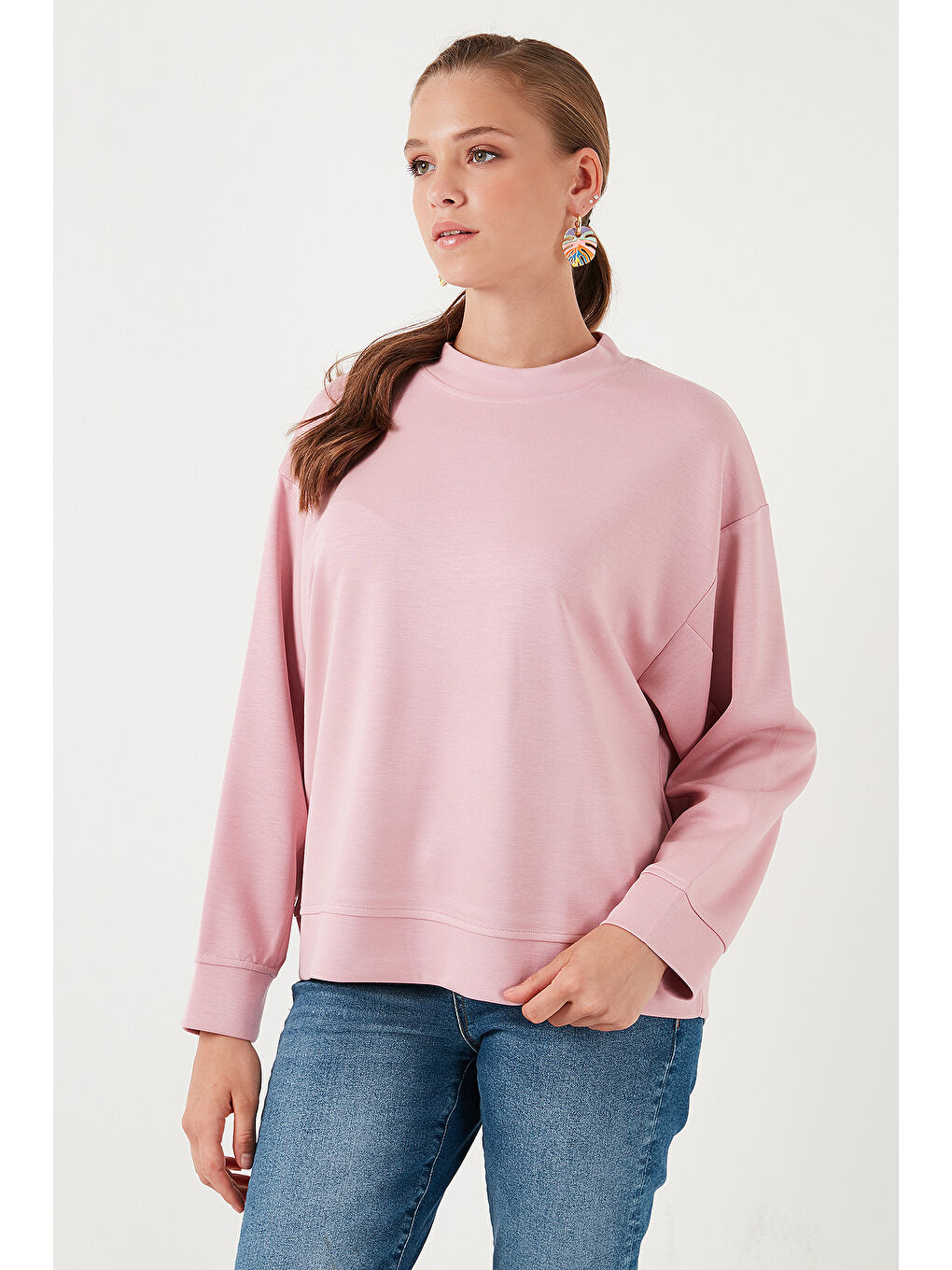 Lela Açık Gülkurusu Streş Bisiklet Yaka Oversize Fit OYSHO Kumaş Kadın Sweat 5865879 - 3