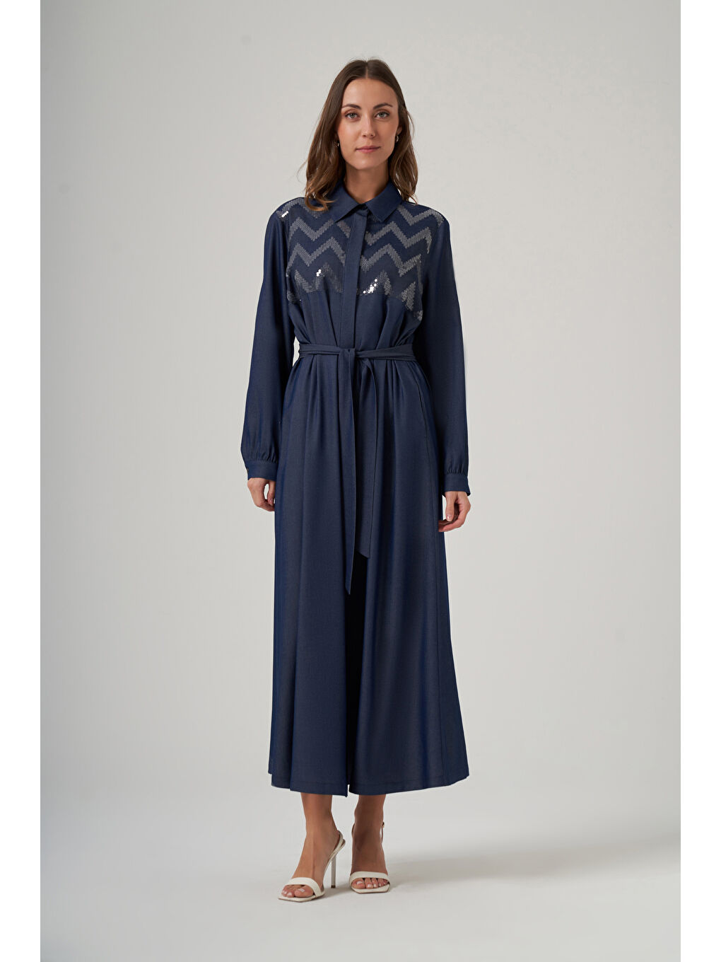 Mavi Önü Düğmeli Pul İşleme Detay Kuşaklı Uzun Elbise 2034 Denim-3