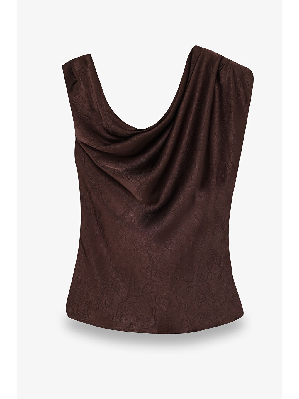 Asimetrik Drapeli Aksesuarlı Saten Bluz Kahverengi-2