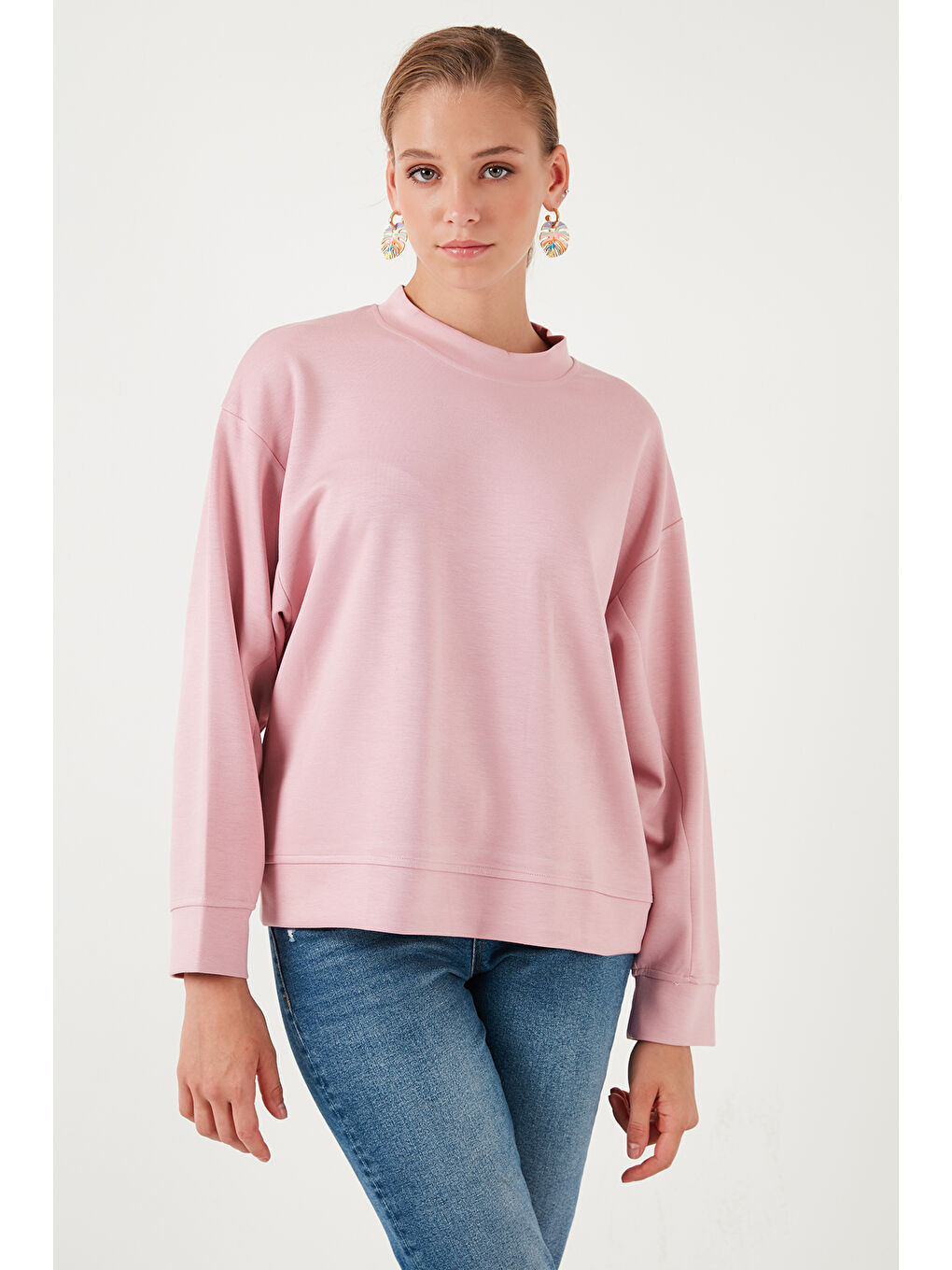 Lela Açık Gülkurusu Streş Bisiklet Yaka Oversize Fit OYSHO Kumaş Kadın Sweat 5865879 - 4