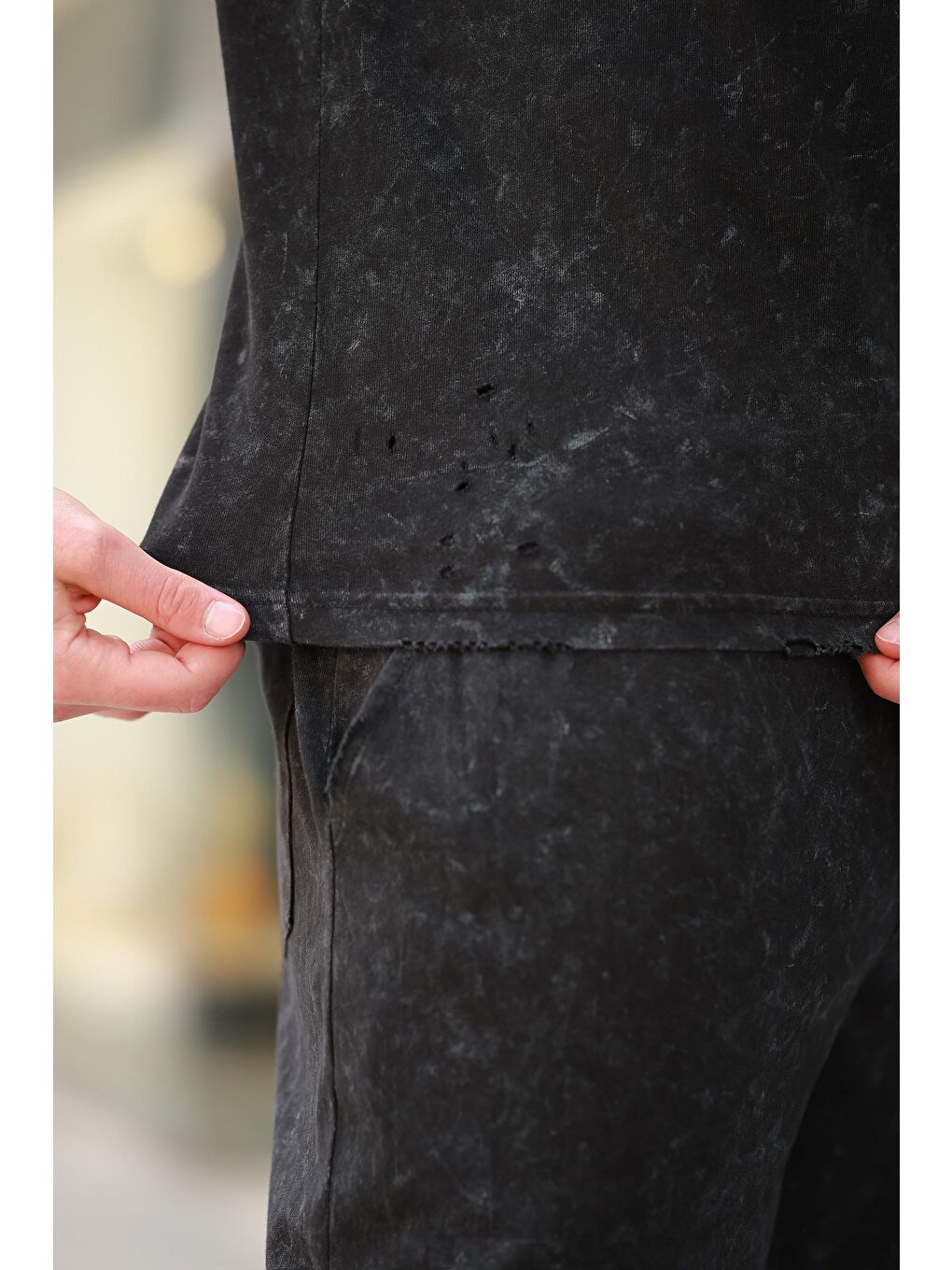 Siyah Basic Erkek Yırtık Detaylı Şort T-Shirt Takım E7319-3