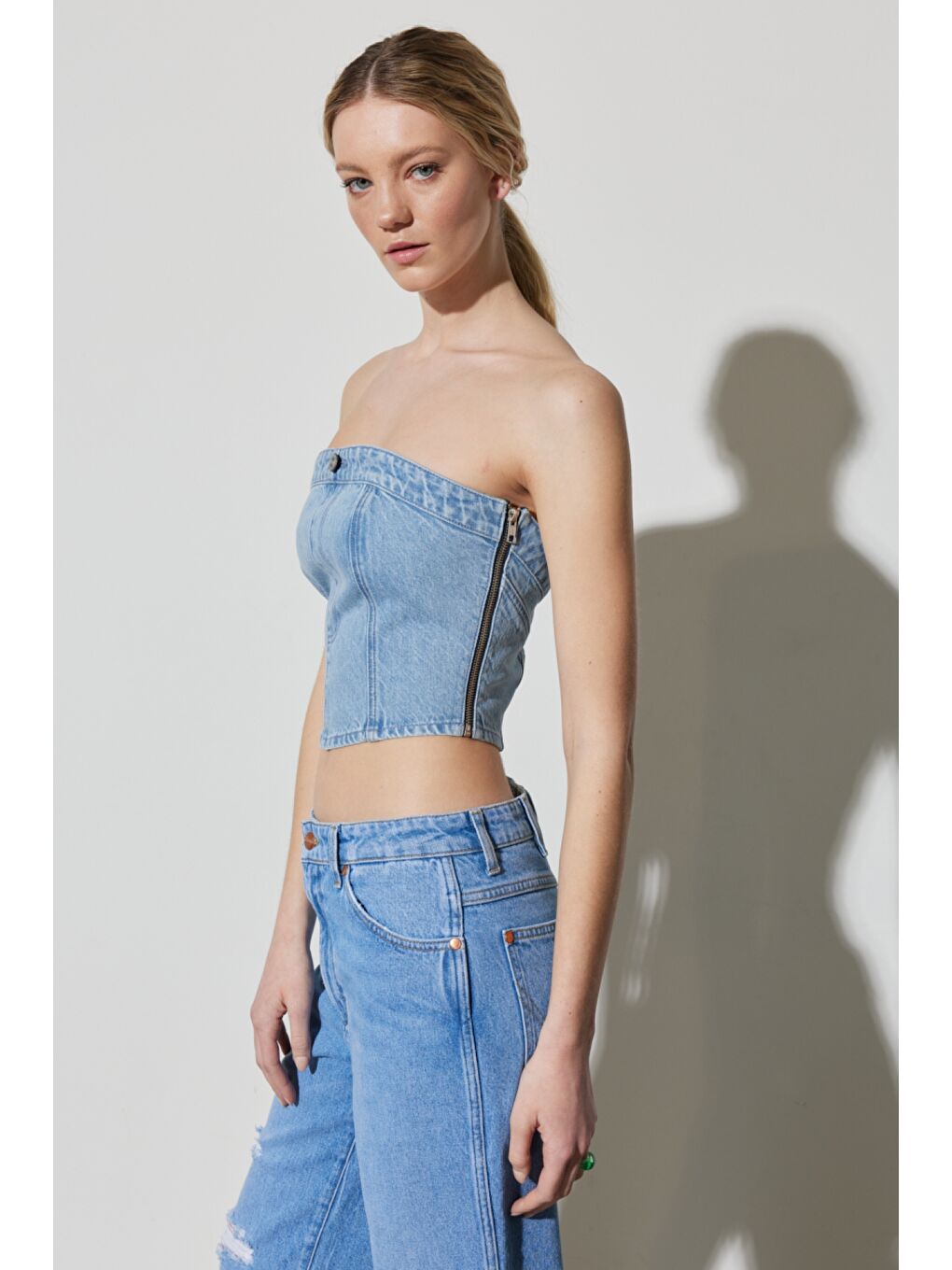 Mavi Slim Fit Dar Kesim %100 Pamuk Kolsuz Crop Jean Jean Bluz-3