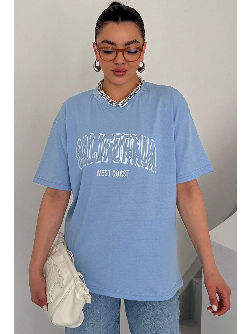 Kadın Bebe Mavi Bisiklet Yaka California Baskılı Oversize T Shirt